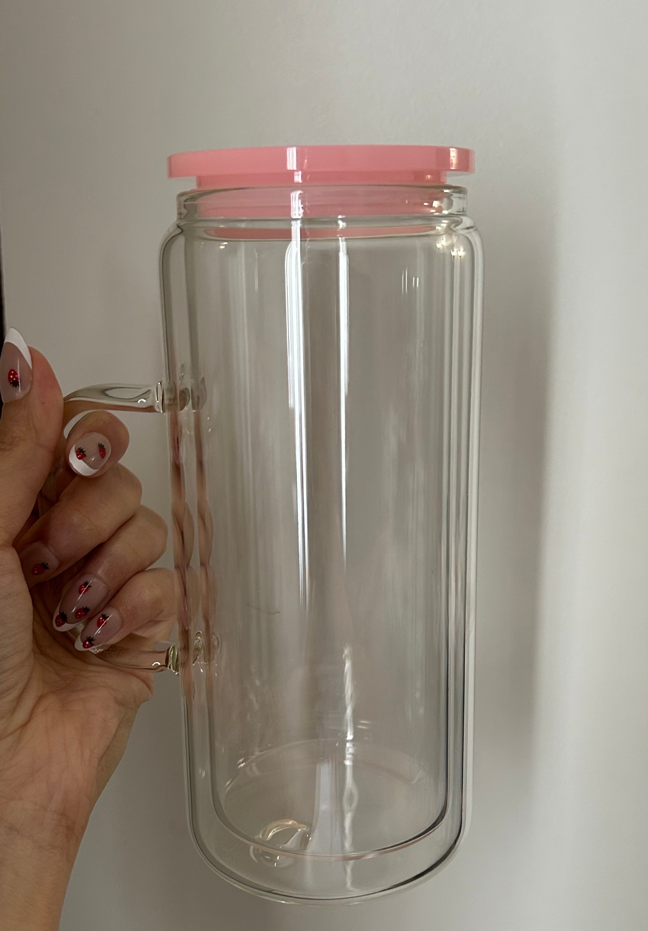 Light pink 20 oz glass handle with lid