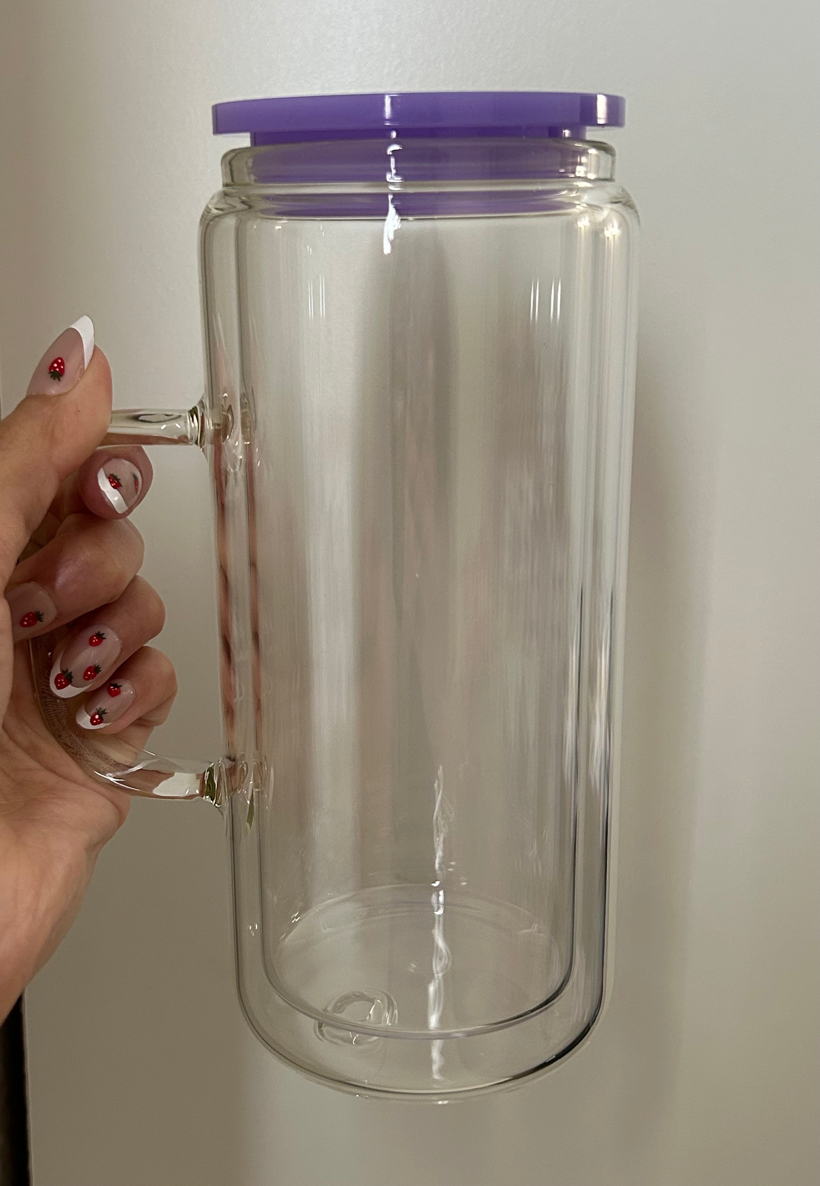 Purple 20 oz glass handle with lid