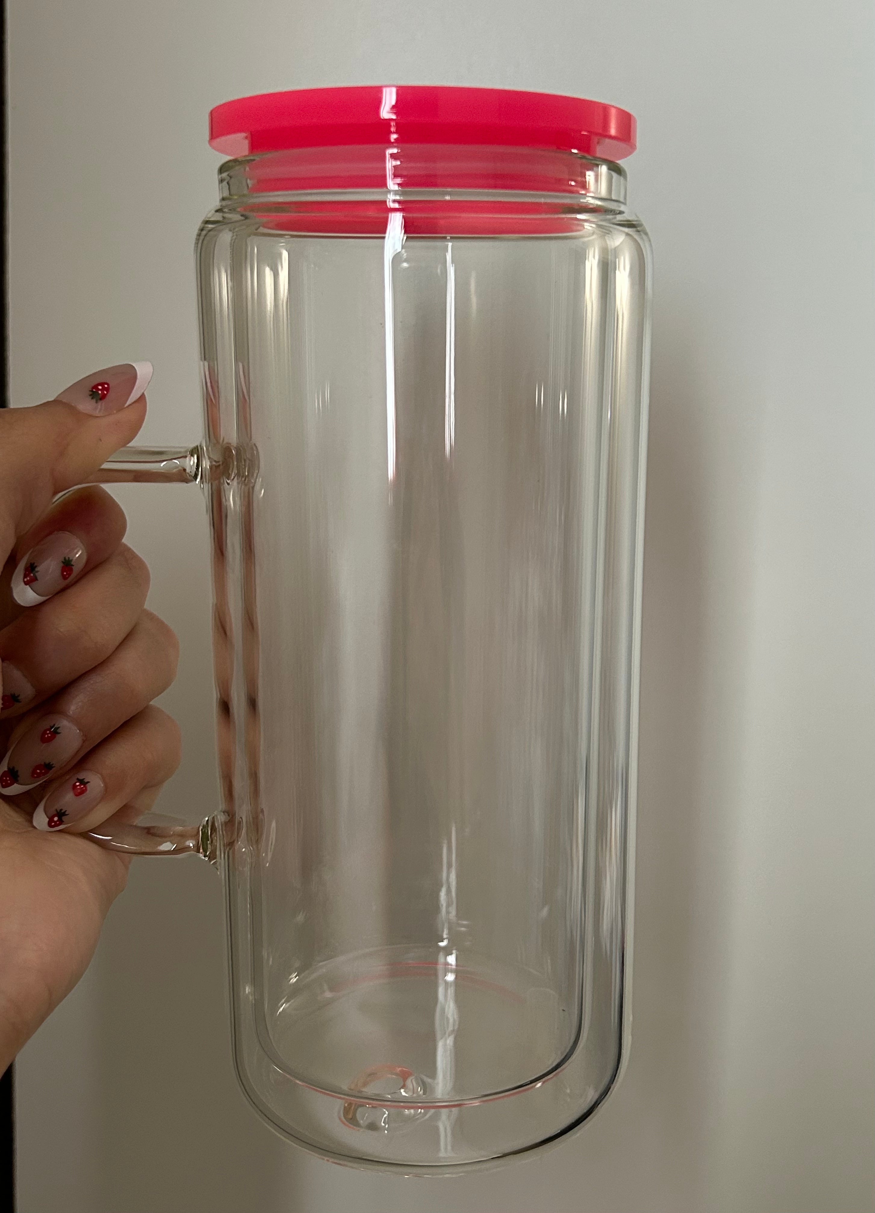 Hot pink 20 oz glass handle with lid