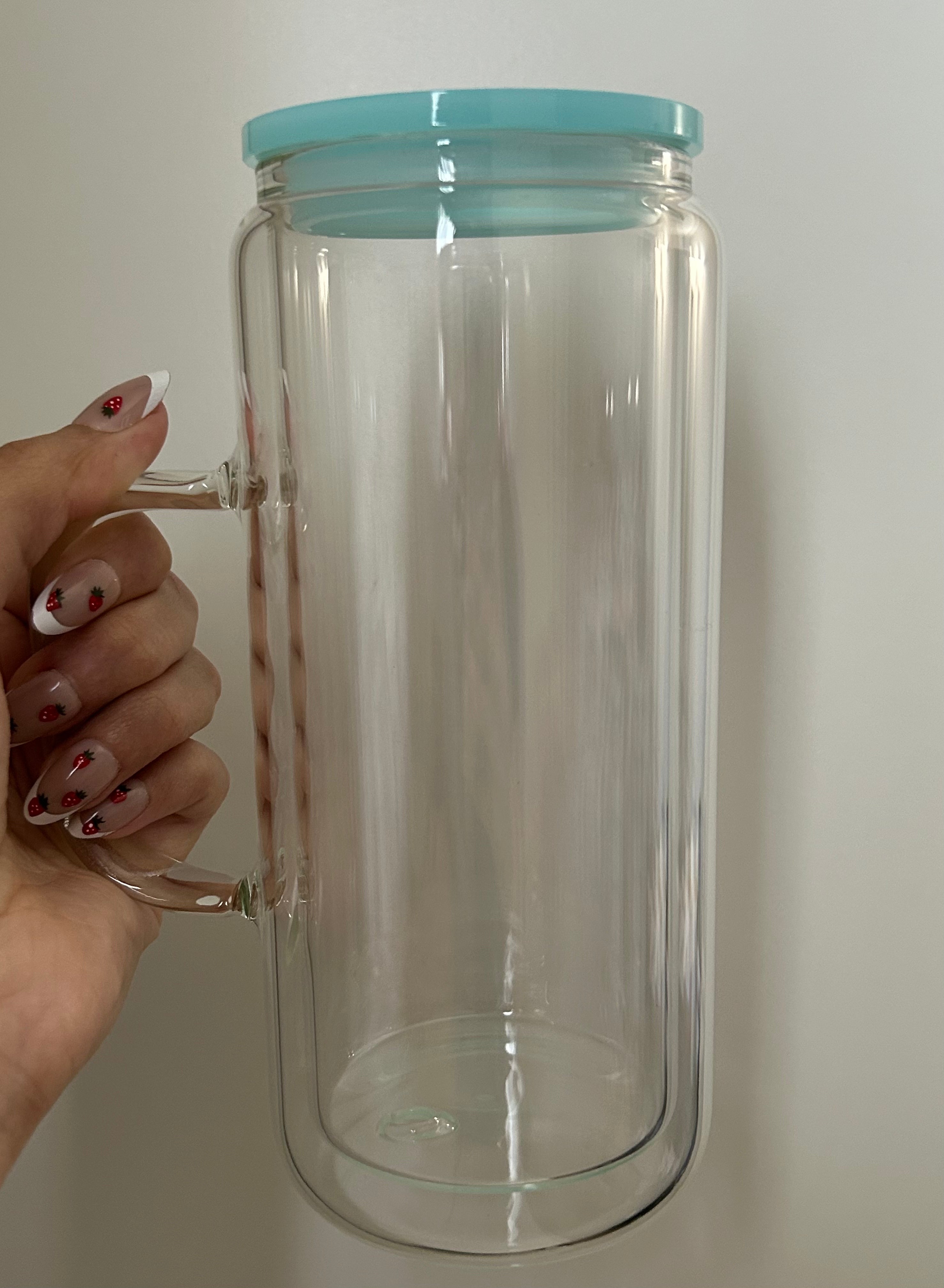 Blue 20 oz glass handle with lid