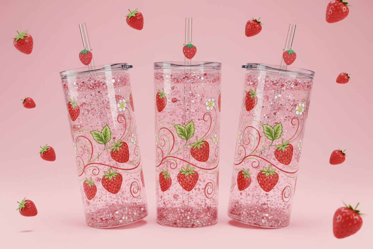I want a pink background with tiny strawberries that look like they are floating around, I want snowglobe tumblers with glitter and a strawberry wrap around them 